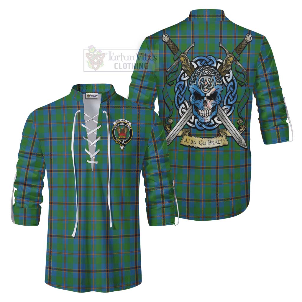 Tartan Vibes Clothing Snodgrass Tartan Ghillie Kilt Shirt with Family Crest Celtic Skull Style