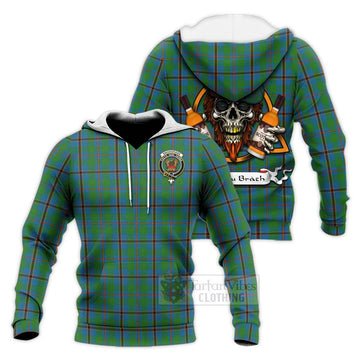 Snodgrass Tartan Knitted Hoodie with Family Crest and Bearded Skull Holding Bottles of Whiskey