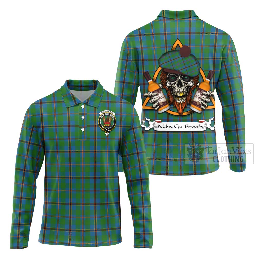 Tartan Vibes Clothing Snodgrass Tartan Long Sleeve Polo Shirt with Family Crest and Bearded Skull Holding Bottles of Whiskey