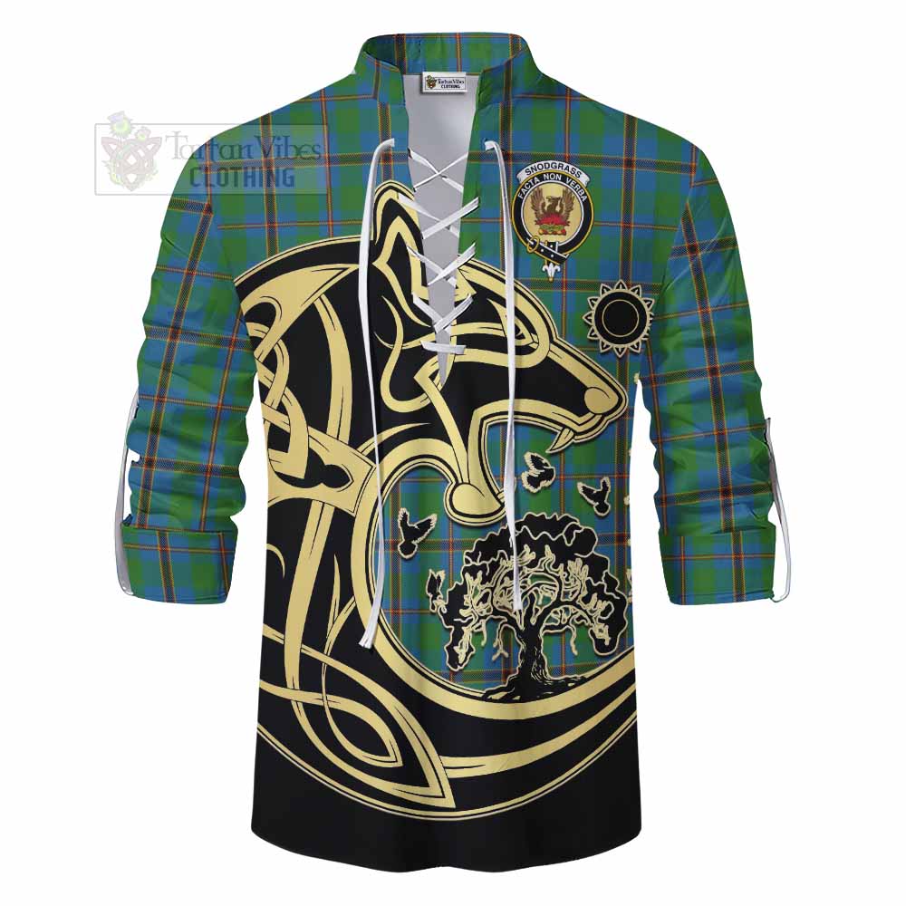 Tartan Vibes Clothing Snodgrass Tartan Ghillie Kilt Shirt with Family Crest Celtic Wolf Style