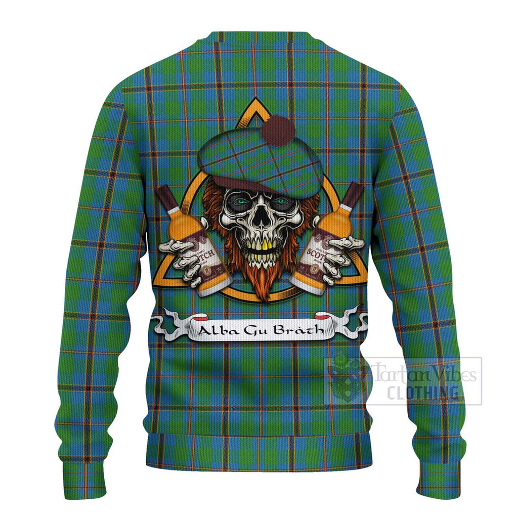 Tartan Vibes Clothing Snodgrass Tartan Knitted Sweater with Family Crest and Bearded Skull Holding Bottles of Whiskey