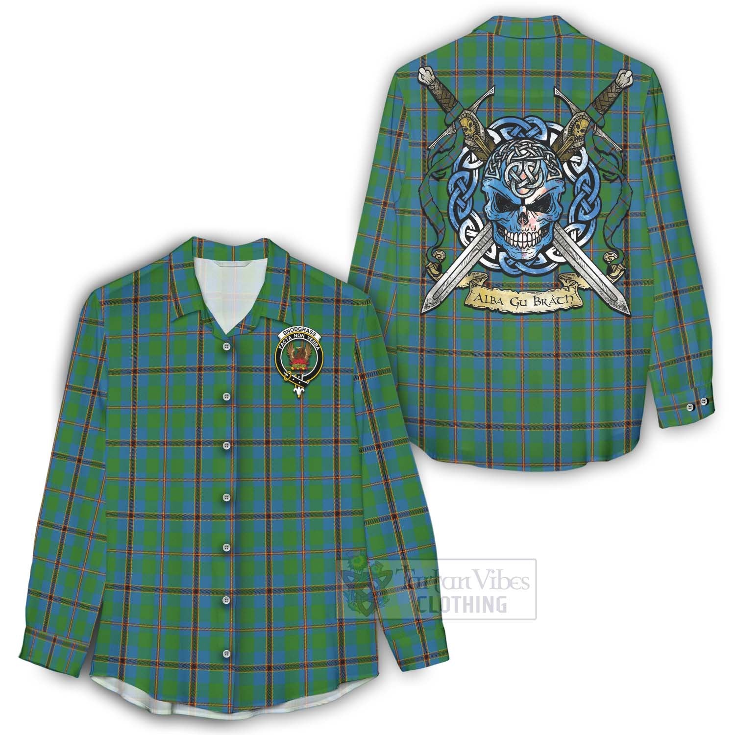 Tartan Vibes Clothing Snodgrass Tartan Women's Casual Shirt with Family Crest Celtic Skull Style