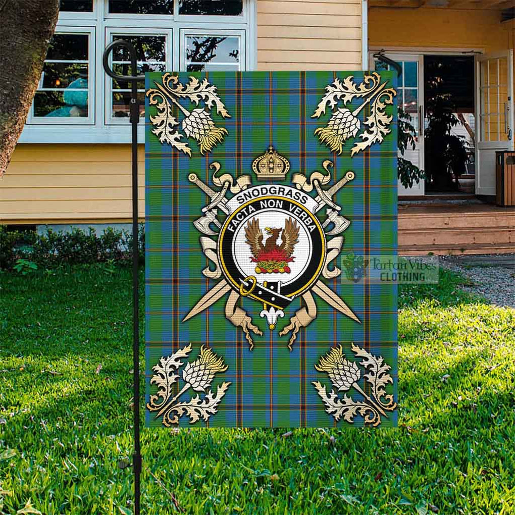 Tartan Vibes Clothing Snodgrass Tartan Flag with Family Crest and Golden Thistle Crossed Sword Design