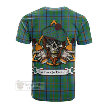 Snodgrass Tartan Cotton T-shirt with Family Crest and Bearded Skull Holding Bottles of Whiskey