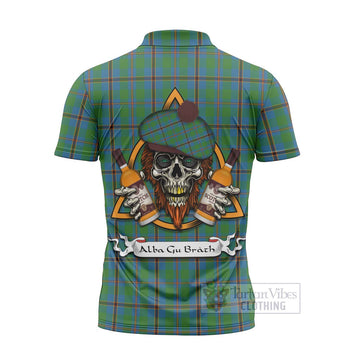 Snodgrass Tartan Zipper Polo Shirt with Family Crest and Bearded Skull Holding Bottles of Whiskey