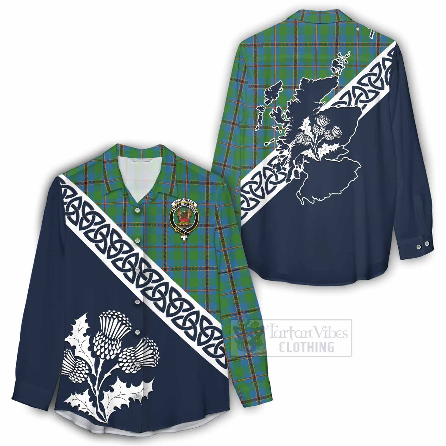 Tartan Vibes Clothing Snodgrass Tartan Women's Casual Shirt Featuring Thistle and Scotland Map