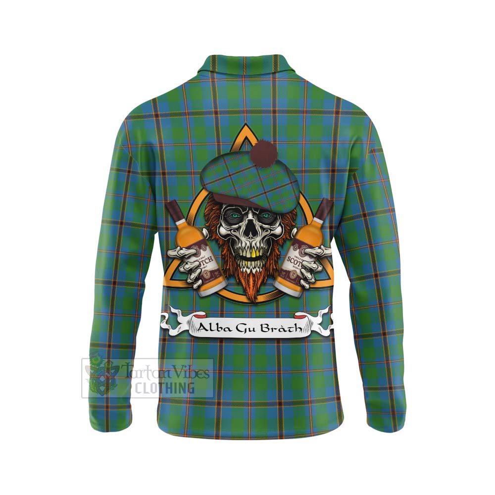 Tartan Vibes Clothing Snodgrass Tartan Long Sleeve Polo Shirt with Family Crest and Bearded Skull Holding Bottles of Whiskey