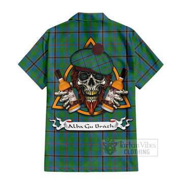 Snodgrass Tartan Short Sleeve Button Shirt with Family Crest and Bearded Skull Holding Bottles of Whiskey