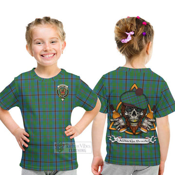 Snodgrass Tartan Kid T-Shirt with Family Crest and Bearded Skull Holding Bottles of Whiskey