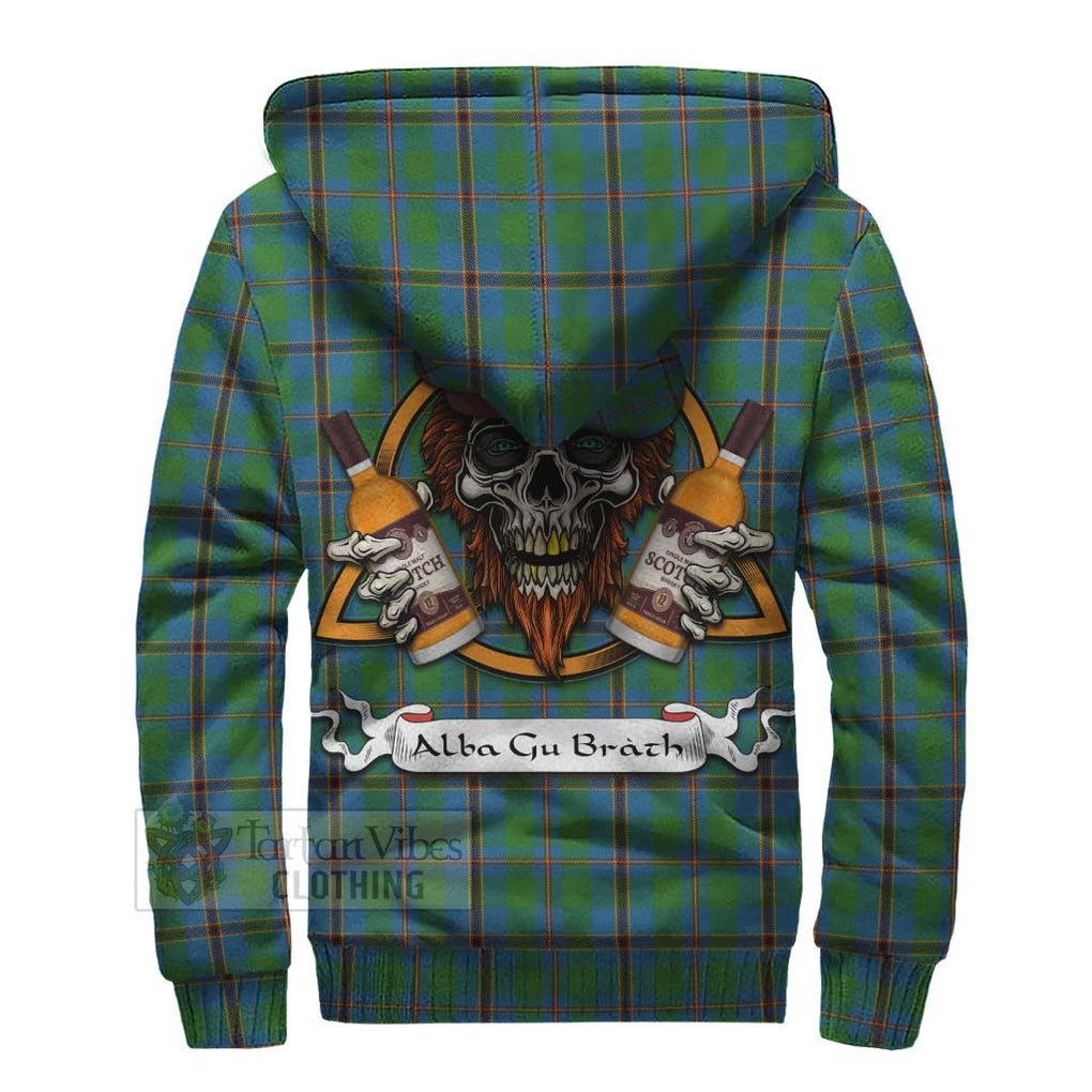 Tartan Vibes Clothing Snodgrass Tartan Sherpa Hoodie with Family Crest and Bearded Skull Holding Bottles of Whiskey