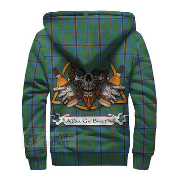 Snodgrass Tartan Sherpa Hoodie with Family Crest and Bearded Skull Holding Bottles of Whiskey