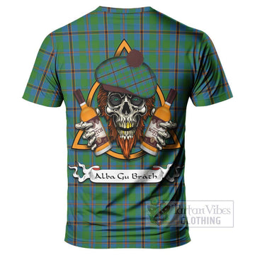 Snodgrass Tartan T-Shirt with Family Crest and Bearded Skull Holding Bottles of Whiskey