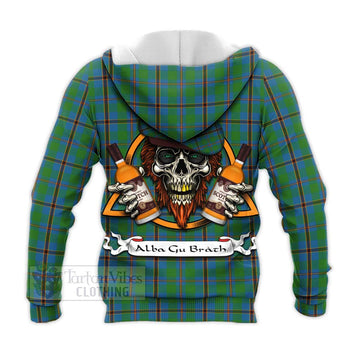 Snodgrass Tartan Knitted Hoodie with Family Crest and Bearded Skull Holding Bottles of Whiskey