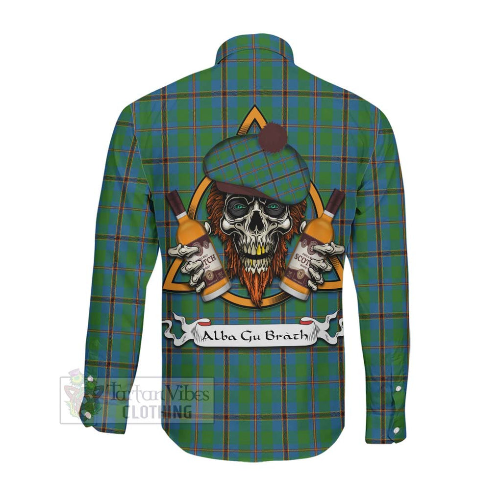 Tartan Vibes Clothing Snodgrass Tartan Long Sleeve Button Shirt with Family Crest and Bearded Skull Holding Bottles of Whiskey