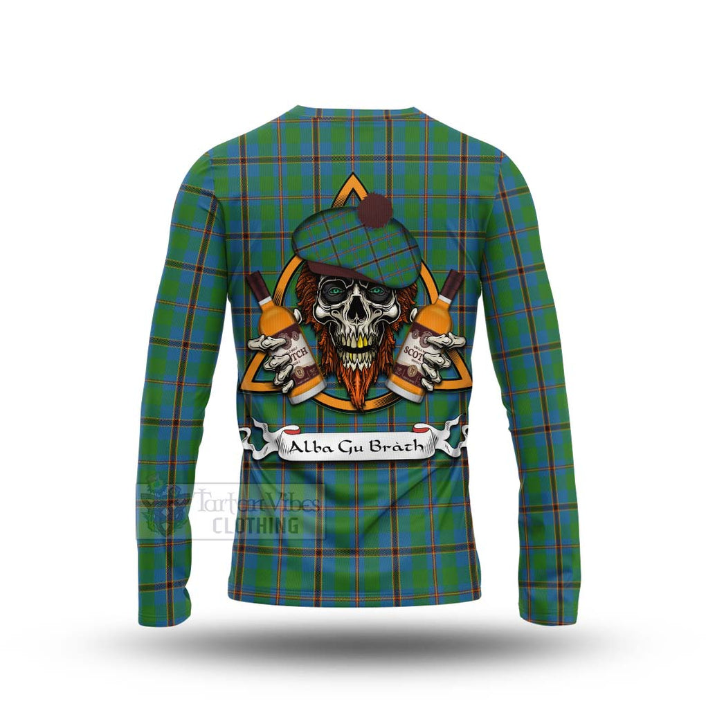 Tartan Vibes Clothing Snodgrass Tartan Long Sleeve T-Shirt with Family Crest and Bearded Skull Holding Bottles of Whiskey