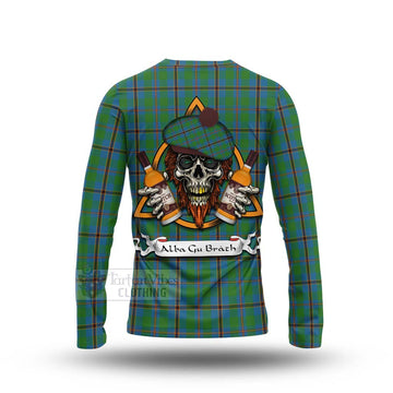 Snodgrass Tartan Long Sleeve T-Shirt with Family Crest and Bearded Skull Holding Bottles of Whiskey