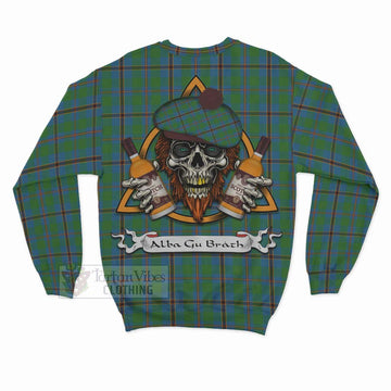 Snodgrass Tartan Sweatshirt with Family Crest and Bearded Skull Holding Bottles of Whiskey