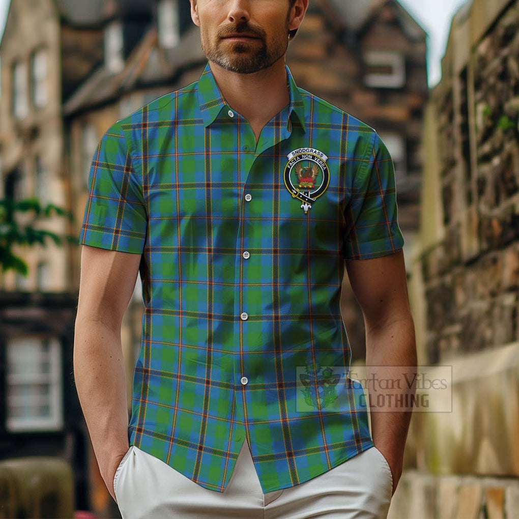 Tartan Vibes Clothing Snodgrass Tartan Short Sleeve Button Shirt with Family Crest Celtic Skull Style