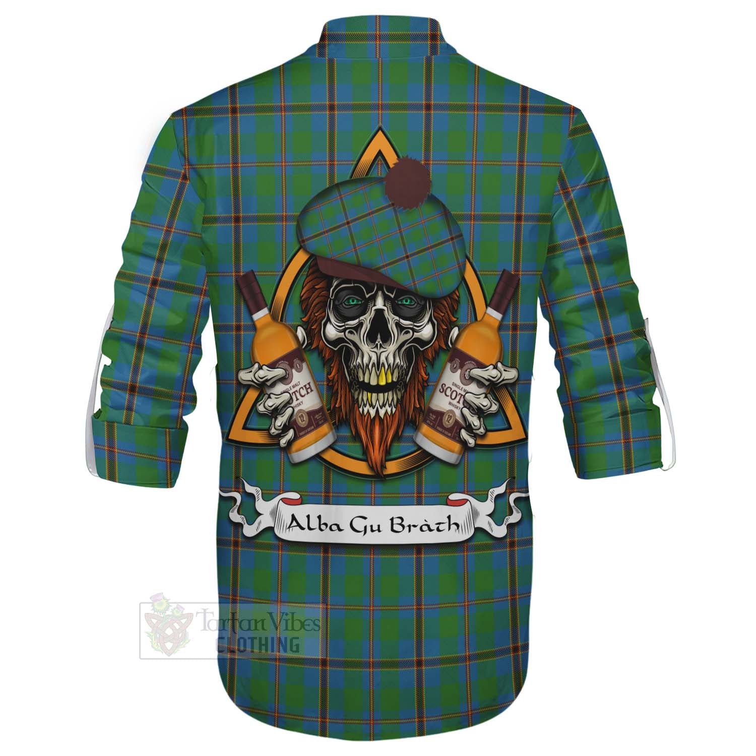 Tartan Vibes Clothing Snodgrass Tartan Ghillie Kilt Shirt with Family Crest and Bearded Skull Holding Bottles of Whiskey