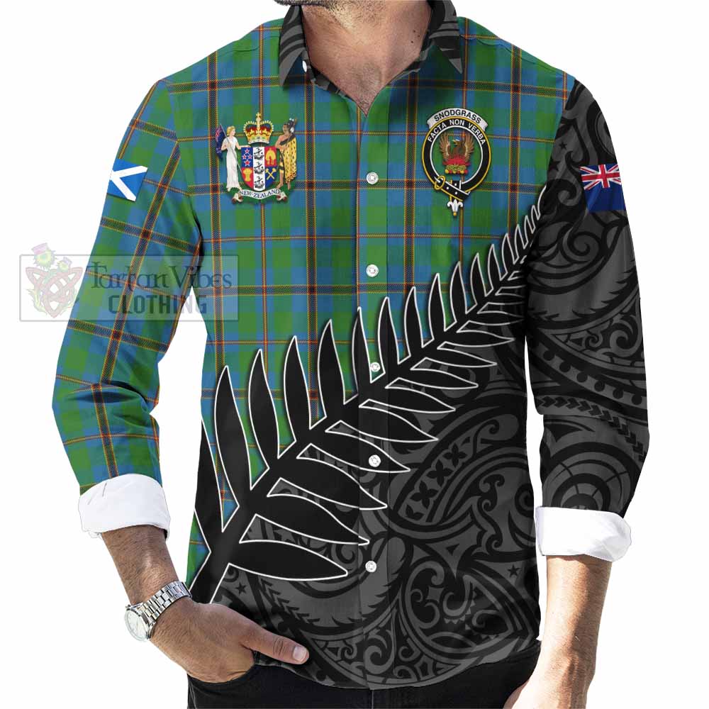 Tartan Vibes Clothing Snodgrass Crest Tartan Long Sleeve Button Shirt with New Zealand Silver Fern Half Style