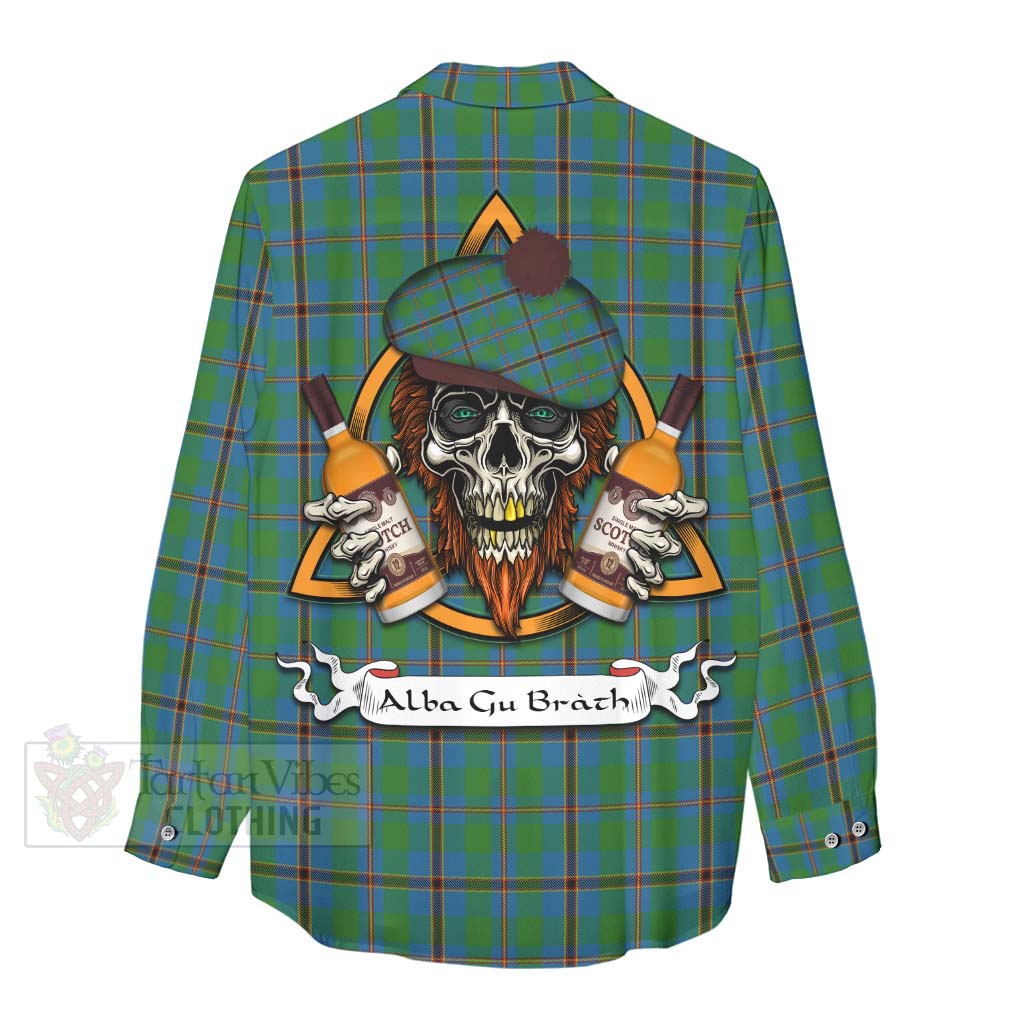 Tartan Vibes Clothing Snodgrass Tartan Women's Casual Shirt with Family Crest and Bearded Skull Holding Bottles of Whiskey