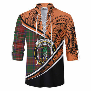 Somerville Crest Tartan Ghillie Kilt Shirt with Polynesian Vibes Style - Orange Version