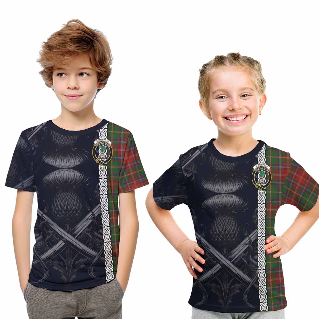 Tartan Vibes Clothing Somerville Tartan Kid T-Shirt with Family Crest Cross Sword Thistle Celtic Vibes