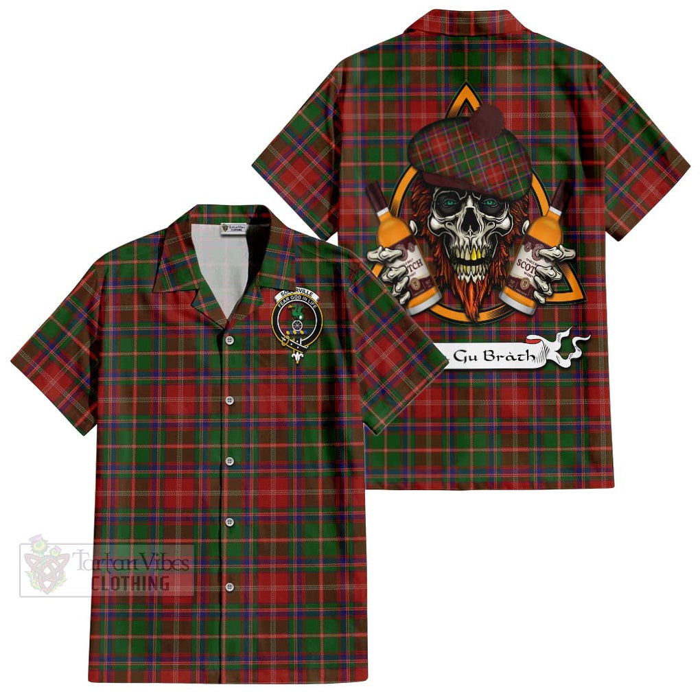 Tartan Vibes Clothing Somerville Tartan Short Sleeve Button Shirt with Family Crest and Bearded Skull Holding Bottles of Whiskey