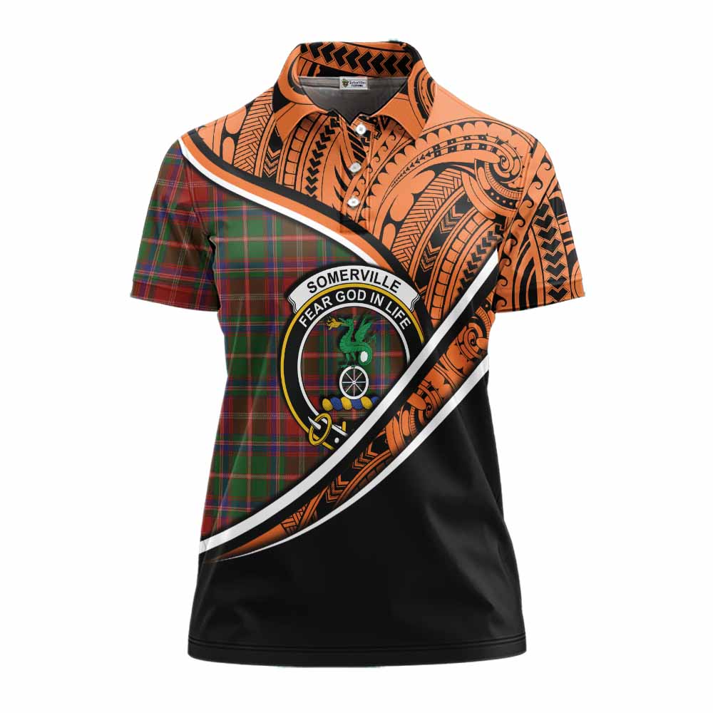 Tartan Vibes Clothing Somerville Crest Tartan Women's Polo Shirt with Maori Tattoo Style - Orange Version