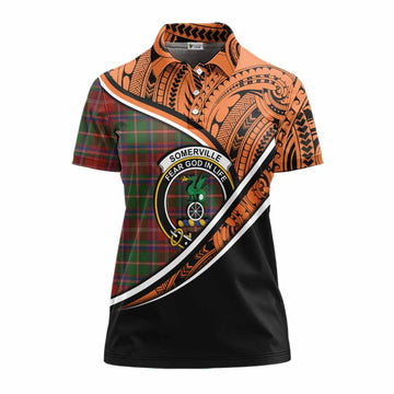 Somerville Crest Tartan Women's Polo Shirt with Polynesian Vibes Style - Orange Version