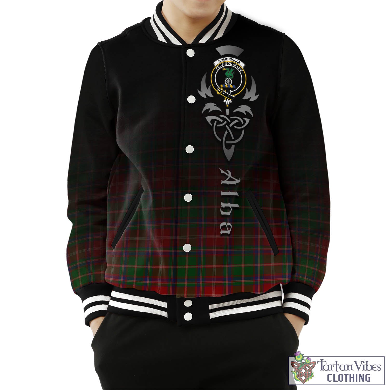 Tartan Vibes Clothing Somerville Tartan Baseball Jacket Featuring Alba Gu Brath Family Crest Celtic Inspired