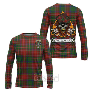 Somerville Tartan Long Sleeve T-Shirt with Family Crest and Bearded Skull Holding Bottles of Whiskey