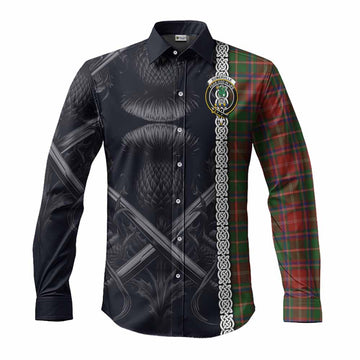 Somerville Tartan Long Sleeve Button Shirt with Family Crest Cross Sword Thistle Celtic Vibes