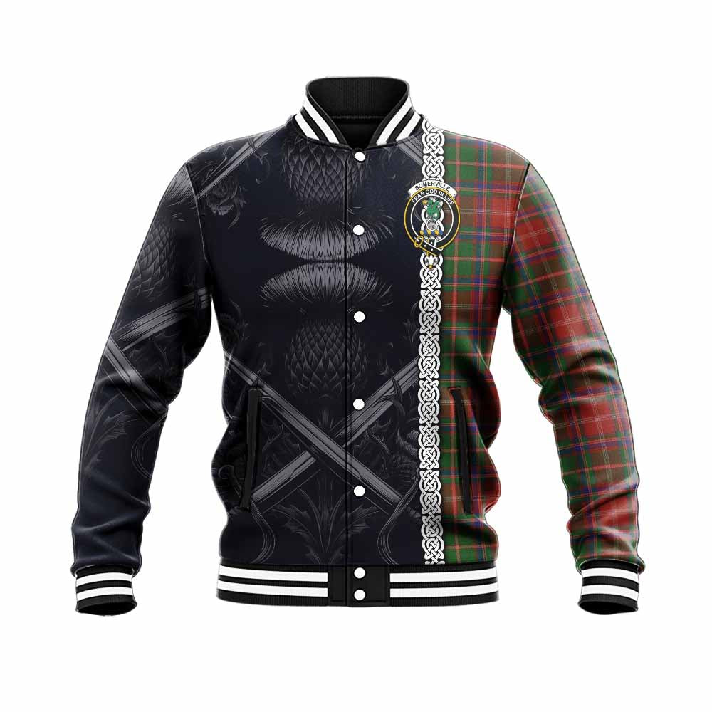 Tartan Vibes Clothing Somerville Tartan Baseball Jacket with Family Crest Cross Sword Thistle Celtic Vibes