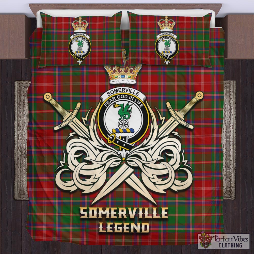 Tartan Vibes Clothing Somerville Tartan Bedding Set with Clan Crest and the Golden Sword of Courageous Legacy