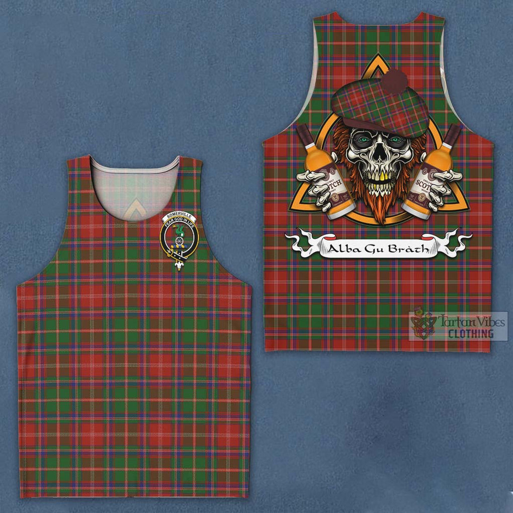 Tartan Vibes Clothing Somerville Tartan Men's Tank Top with Family Crest and Bearded Skull Holding Bottles of Whiskey