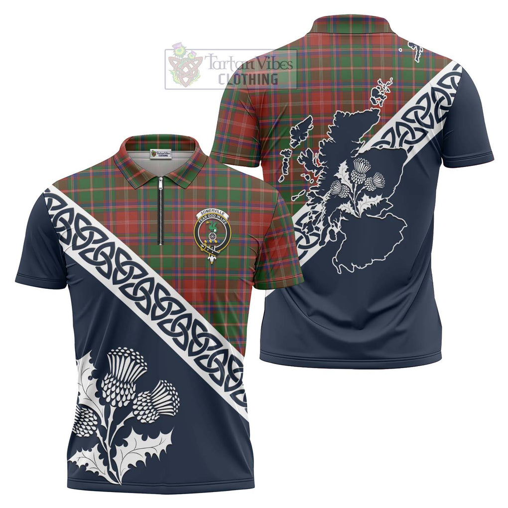 Tartan Vibes Clothing Somerville Tartan Zipper Polo Shirt Featuring Thistle and Scotland Map