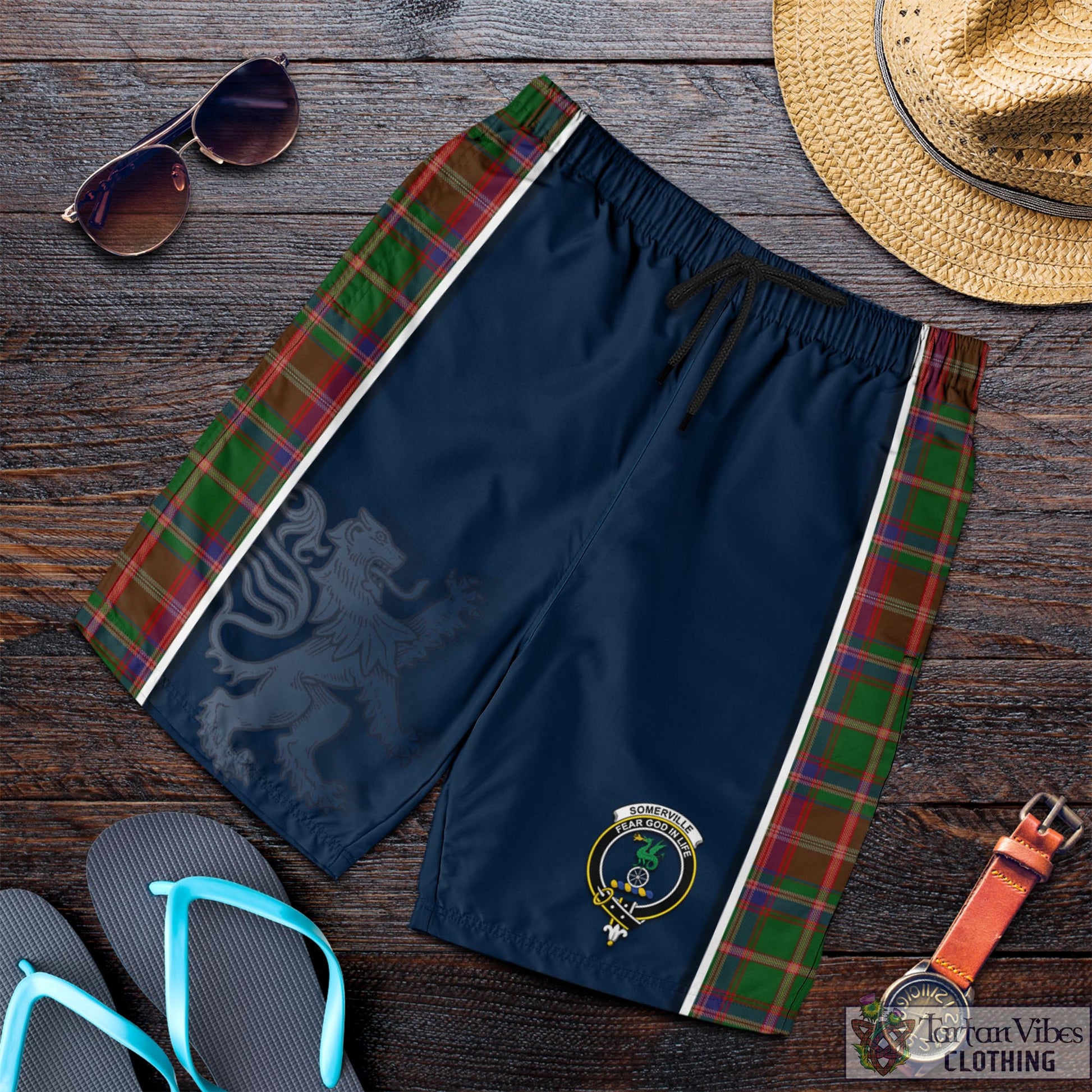 Tartan Vibes Clothing Somerville Tartan Men's Shorts with Family Crest and Lion Rampant Vibes Sport Style