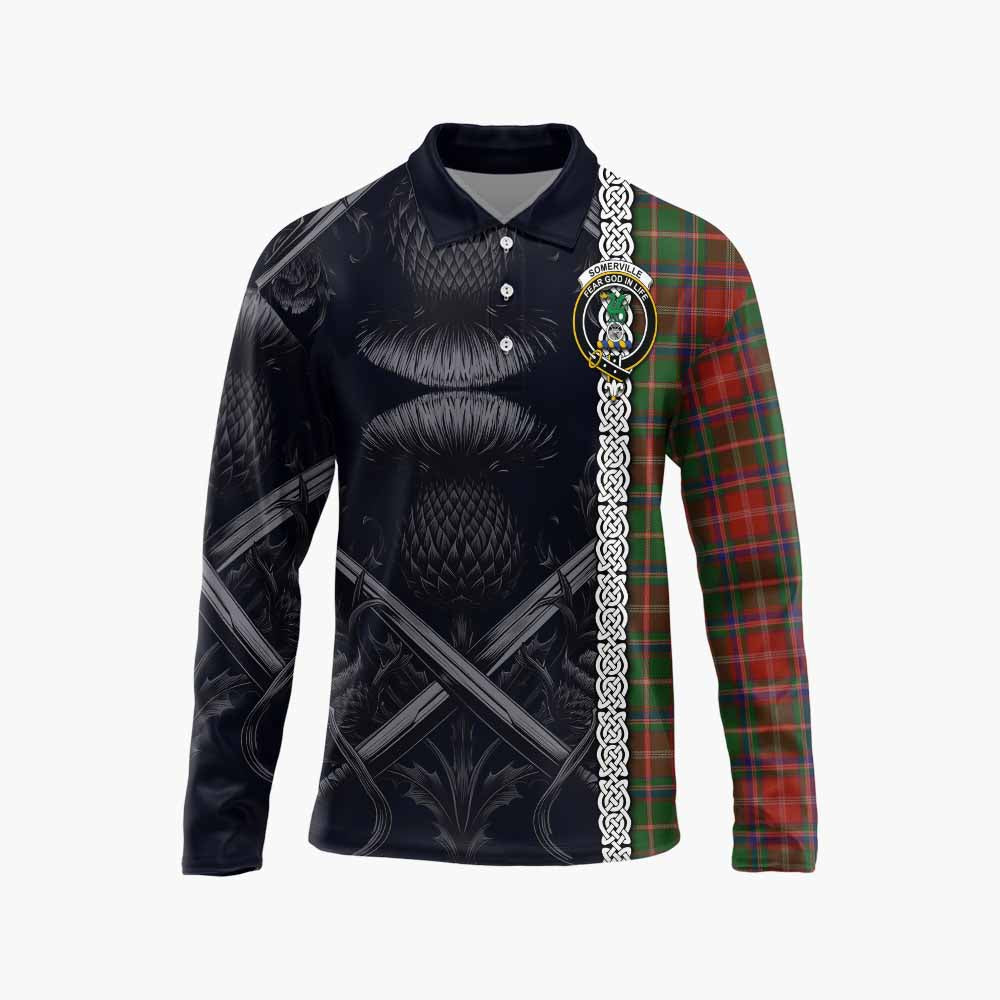 Tartan Vibes Clothing Somerville Tartan Long Sleeve Polo Shirt with Family Crest Cross Sword Thistle Celtic Vibes