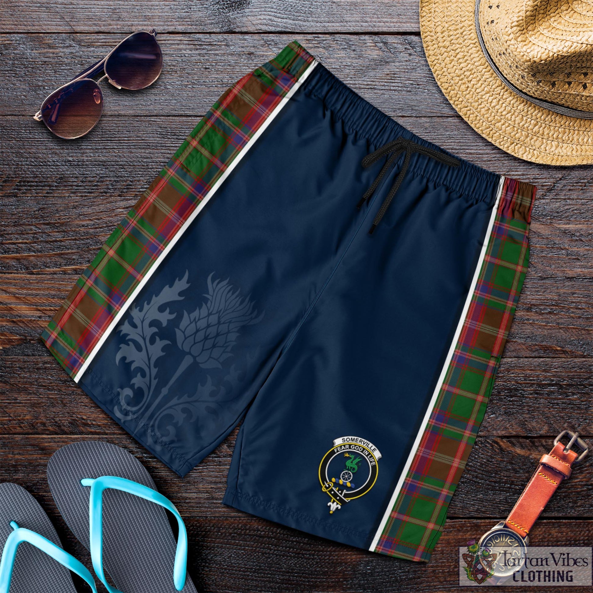 Tartan Vibes Clothing Somerville Tartan Men's Shorts with Family Crest and Scottish Thistle Vibes Sport Style