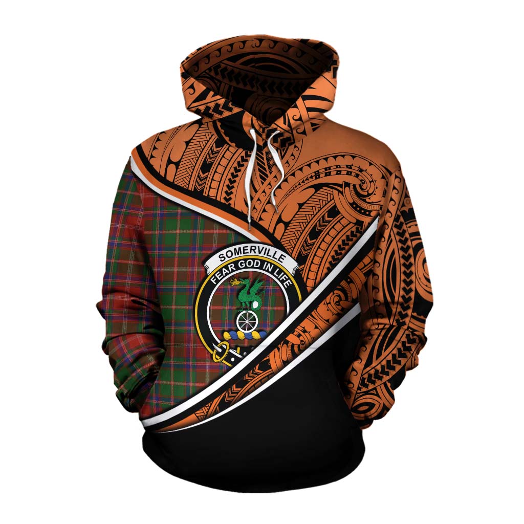 Tartan Vibes Clothing Somerville Crest Tartan Cotton Hoodie with Maori Tattoo Style - Orange Version