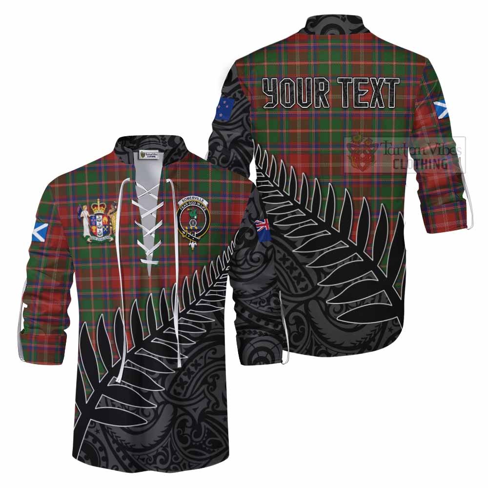 Tartan Vibes Clothing Somerville Crest Tartan Ghillie Kilt Shirt with New Zealand Silver Fern Half Style