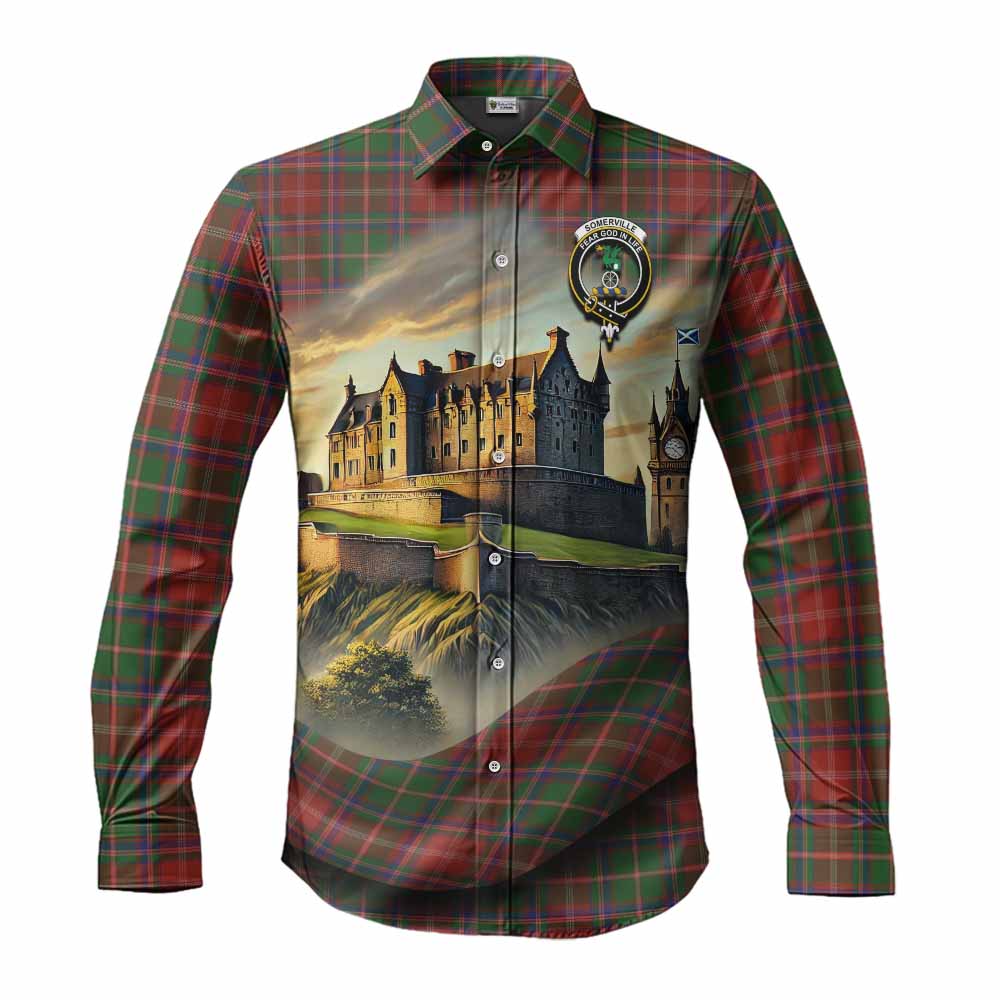 Somerville Tartan Family Crest Long Sleeve Button Shirt with Scottish Ancient Castle Style Men's Shirt S - Tartan Vibes Clothing