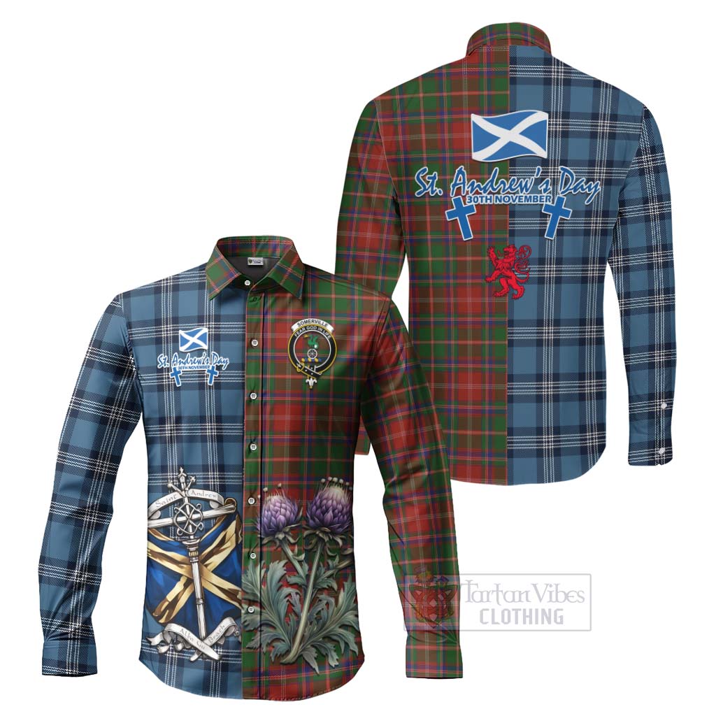 Tartan Vibes Clothing Somerville Tartan Long Sleeve Button Shirt Happy St. Andrew's Day Half Tartan Style