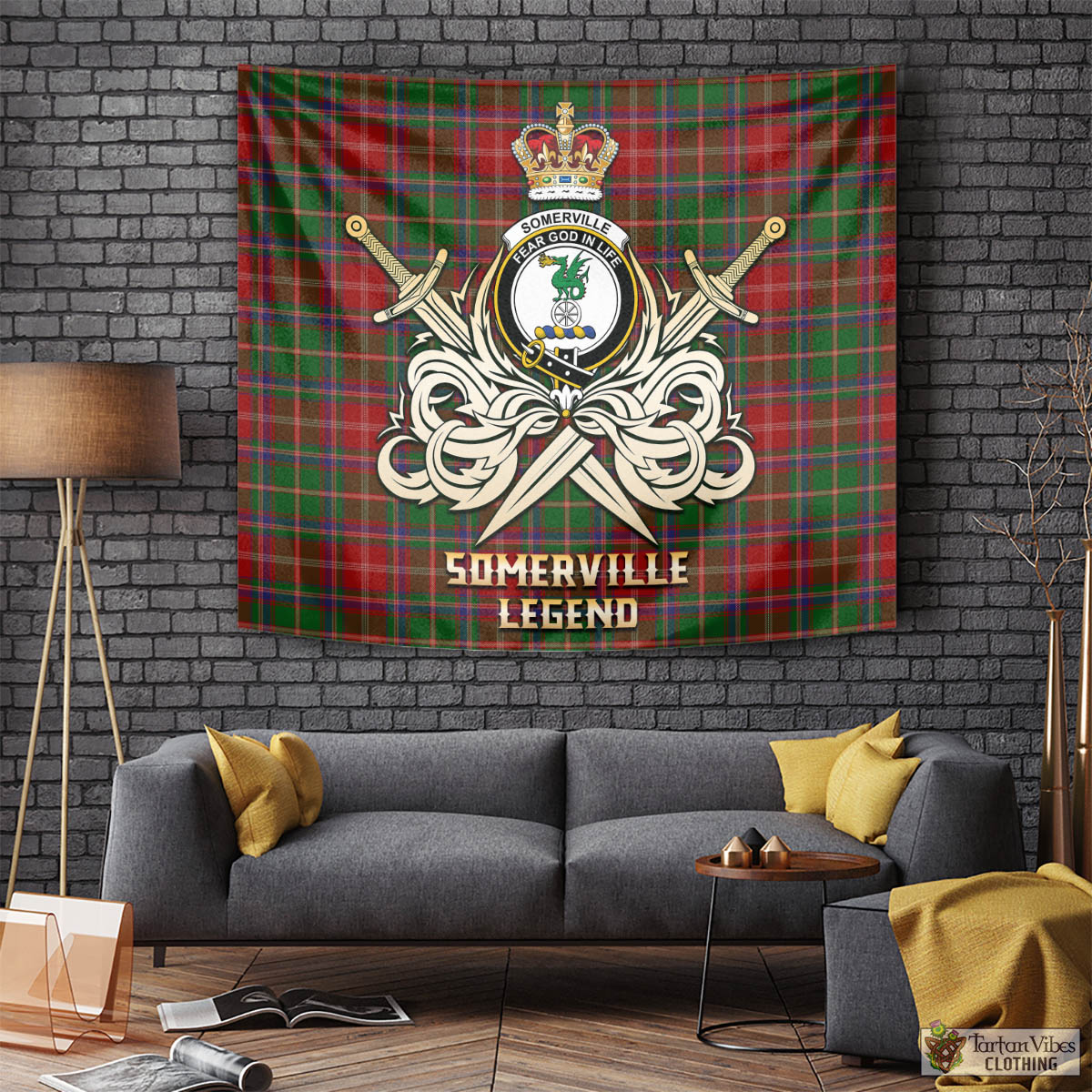 Tartan Vibes Clothing Somerville Tartan Tapestry with Clan Crest and the Golden Sword of Courageous Legacy