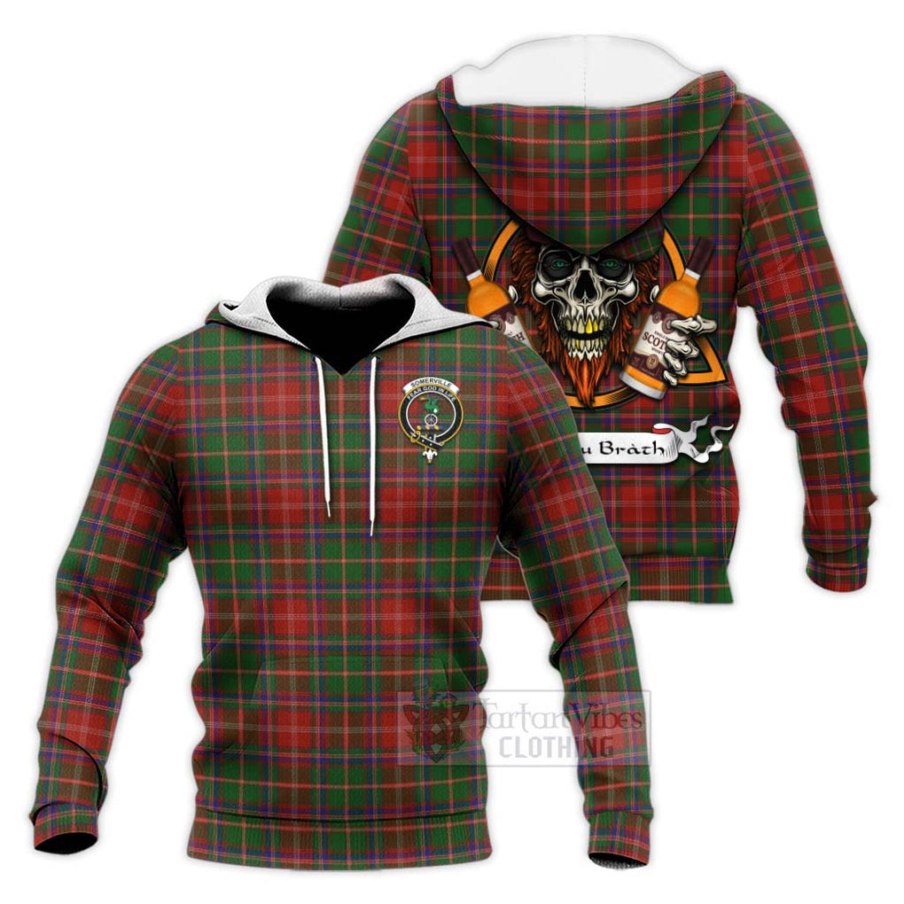 Tartan Vibes Clothing Somerville Tartan Knitted Hoodie with Family Crest and Bearded Skull Holding Bottles of Whiskey