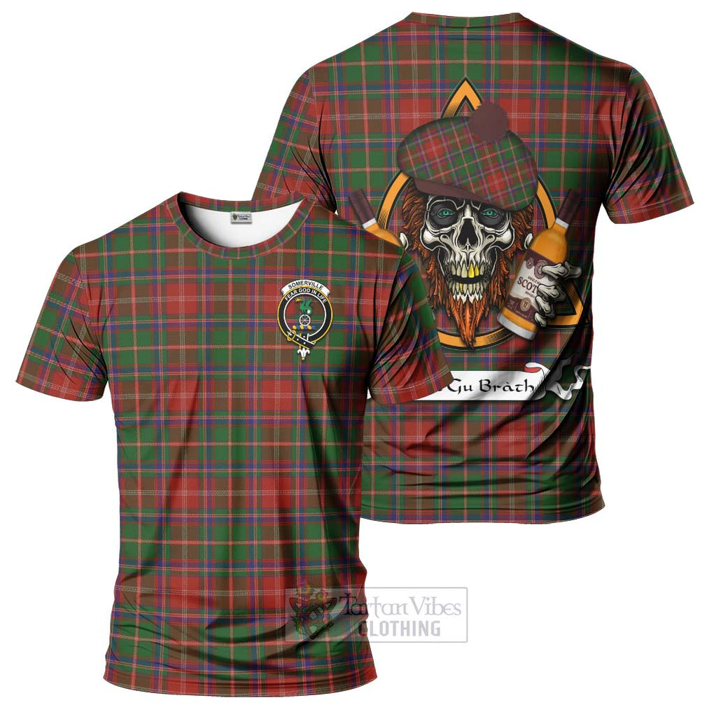 Tartan Vibes Clothing Somerville Tartan T-Shirt with Family Crest and Bearded Skull Holding Bottles of Whiskey