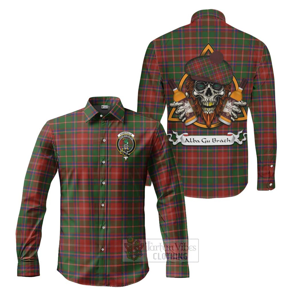 Tartan Vibes Clothing Somerville Tartan Long Sleeve Button Shirt with Family Crest and Bearded Skull Holding Bottles of Whiskey