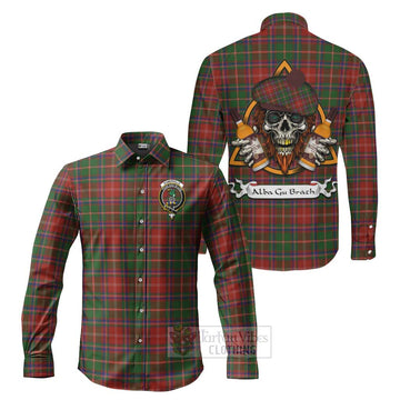 Somerville Tartan Long Sleeve Button Shirt with Family Crest and Bearded Skull Holding Bottles of Whiskey