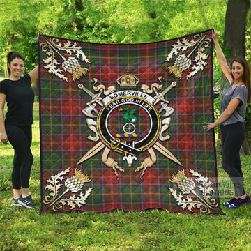 Somerville Tartan Quilt with Family Crest and Scottish Golden Courage Shield